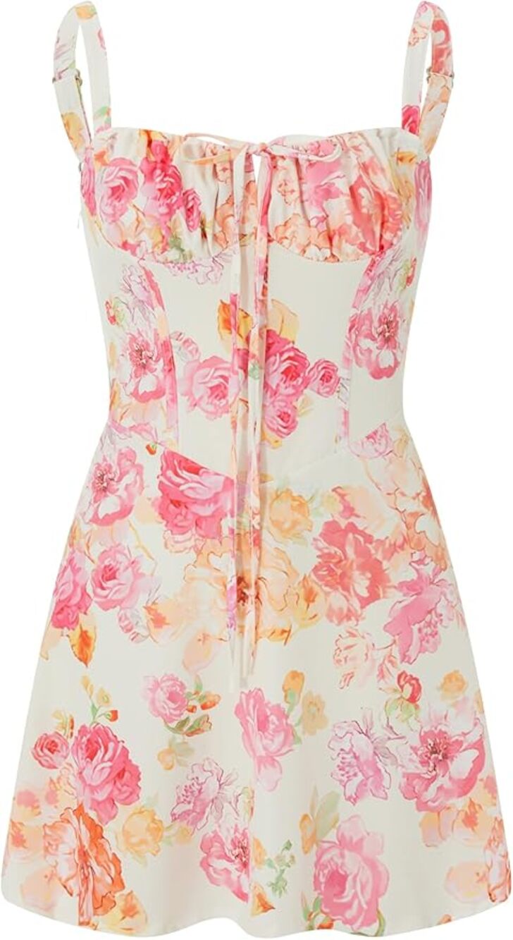 Floral Corset Mini Dress Women's M Boho Sleeveless Lace Up Bustier Coquette Pink